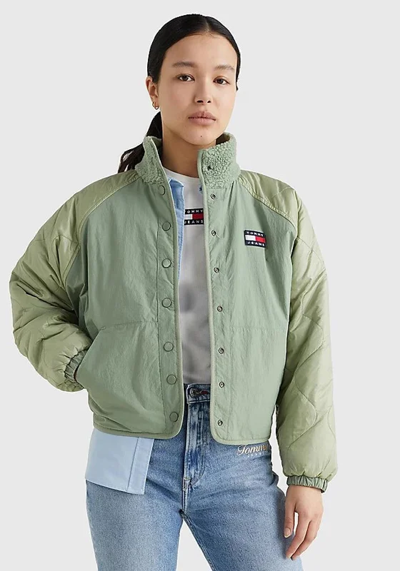 Jackets Rugby-Tommy Jeans Womens Reversible Sherpa Jacket, Dusty Sage