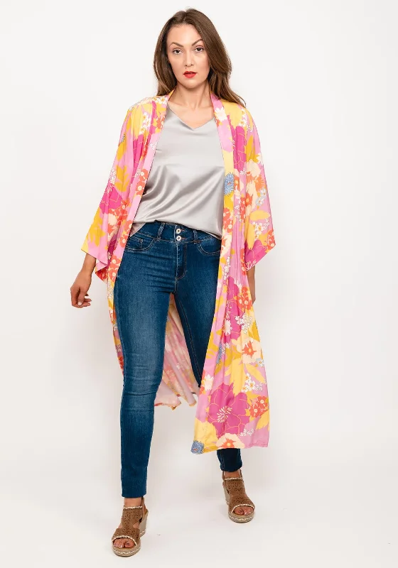 Jackets Trench Coat-Seventy1 One Size Long Floral Kimono, Pink