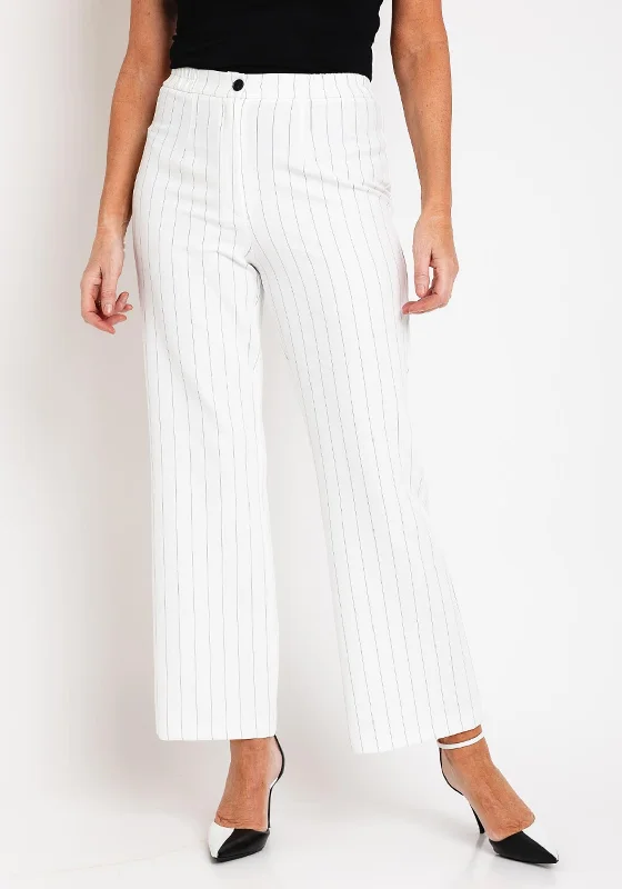 Slim Fit Pants-Ella Boo Pinstripe Wide Leg Trousers, White