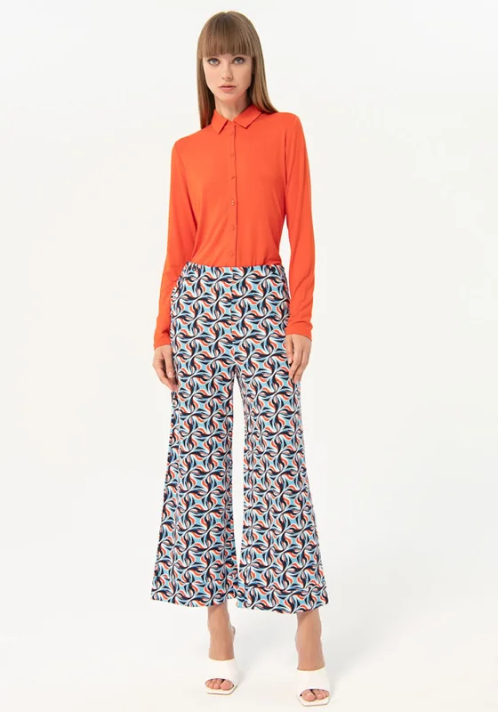 Graphic Print Pants-Surkana Printed Elastic Flare Trousers, Blue