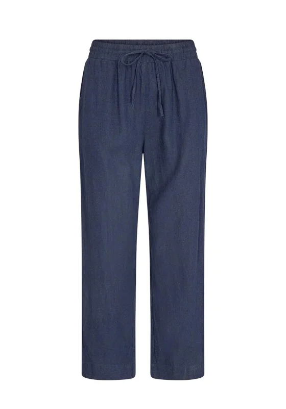 Loose Fit Joggers-Freequent Lava Linen Ankle Trousers, Navy Blazer