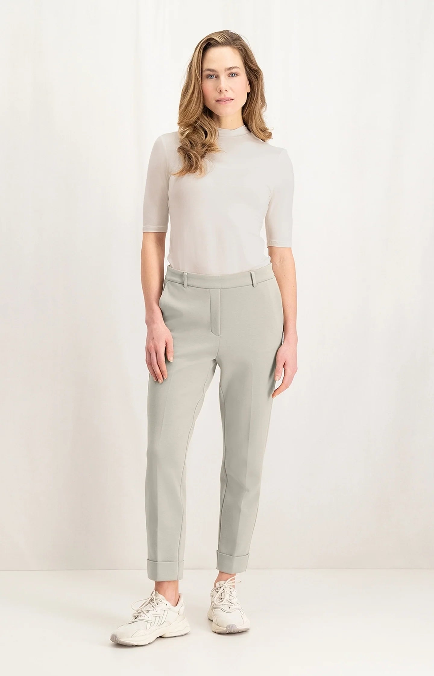 Military Pants-YAYA Elastic Waist Straight Leg Scuba Trousers, Silver Lining Beige