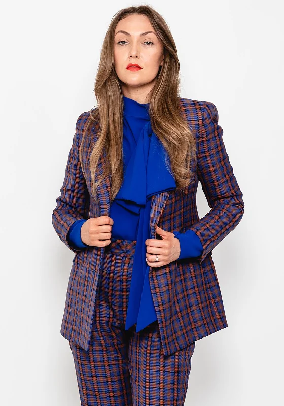 Jackets Insulated-Exquise Tartan Double Breasted Blazer, Blue & Tan Multi