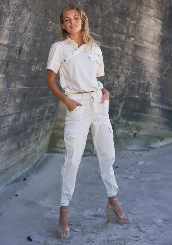 High Waisted Pants-Nu Denmark Tayla Cargo Pocket Slim Leg Trousers, Crème