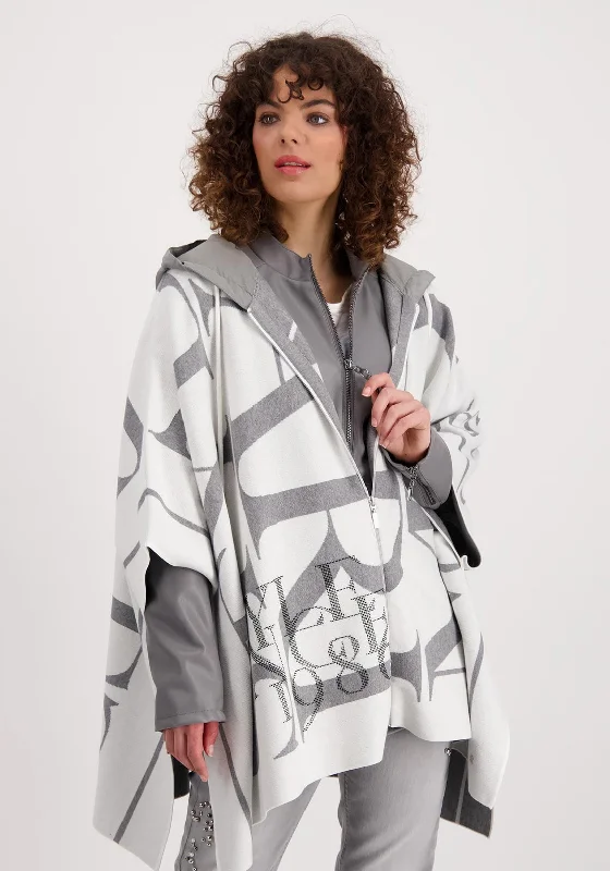 Jackets Warm-Monari Nylon Hood Knitted Oversize Cape, Grey & White