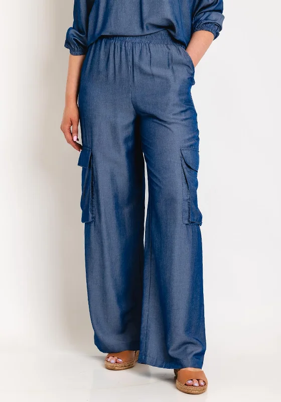 Custom Pants-Kaffe Leonara Utility Style Wide Leg Trousers, Chambray Blue