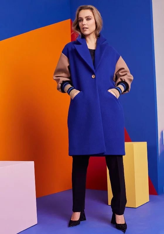 Jackets Loose Fit-Kate Cooper Colour Block Long Coat, Royal Blue & Beige