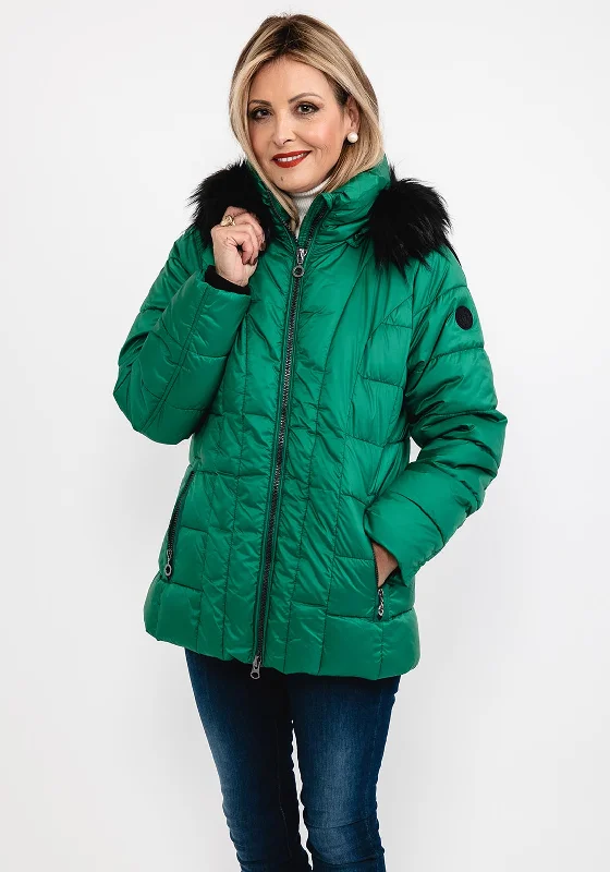 Jackets Eco-Friendly-Frandsen Faux Fur Hood Quilted Jacket, Emerald Green