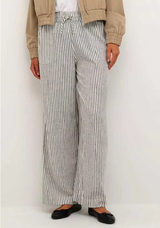 Dress Pants-Kaffe Milia Linen Blend Wide Leg Trousers, Chalk & Black Stripe