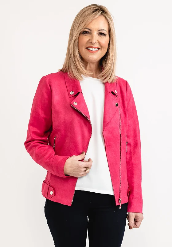 Jackets Funny-Seventy1 Faux Suede Biker Jacket, Fuchsia