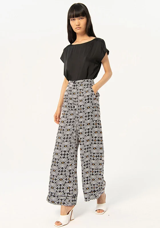 Police Pants-Surkana Satin Print Wide Leg Trousers, Black