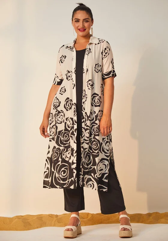 Jackets Softshell-Ora Rose Print Long Kimono, Cream & Black