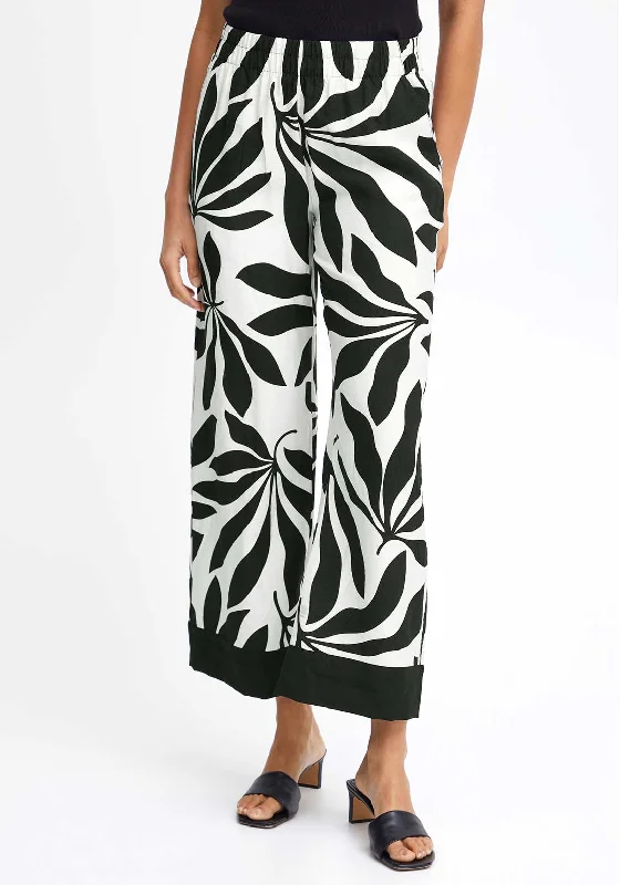 Camping Pants-B.Young Janina Satin Palm Print Culottes, Black & White