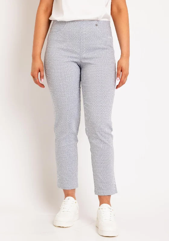 Drawstring Pants-Robell Bella 09 Pattern Ankle Grazer Trousers, Grey & White