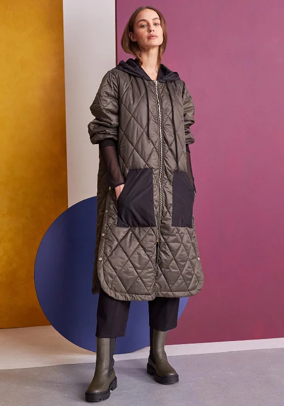 Jackets Party-Naya Button Side Quilted Long Coat, Khaki & Black