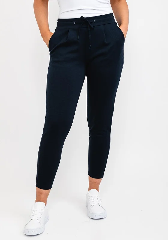 Button Closure Pants-Ichi Kate Cropped Jogger Trousers, Navy