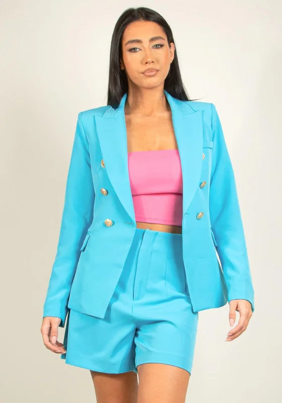 Jackets Hip Hop-Seventy1 Antique Button Double Breasted Blazer, Turquoise