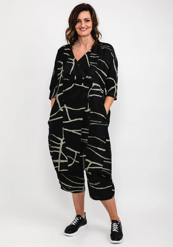 Jackets Quilted-Elsewhere Abstract Print Linen Long Jacket, Black & Khaki