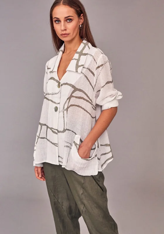 Jackets Office-Naya Abstract Print Linen Jacket, White