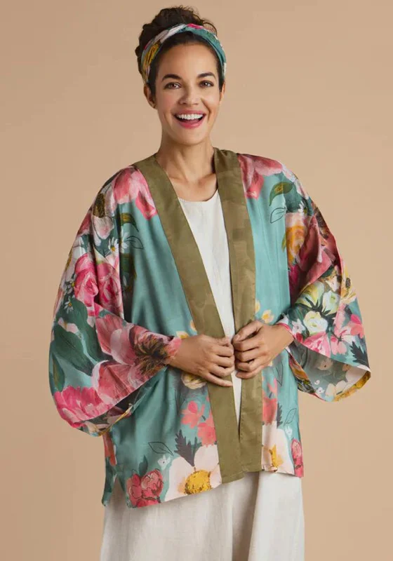 Jackets Business Casual-Powder Impressionist Floral Kimono Jacket, Teal