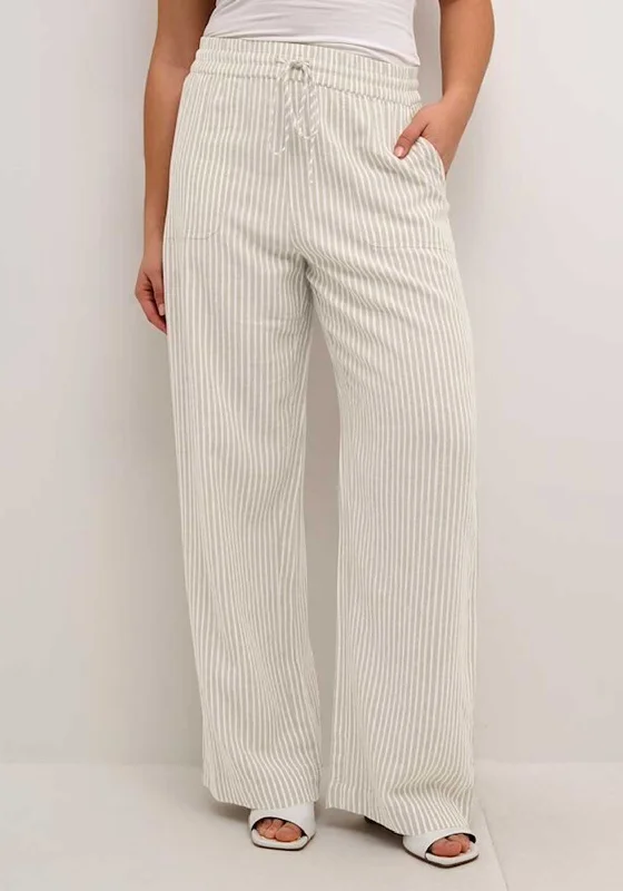 Low Rise Pants-Kaffe Milia Linen Blend Wide Leg Trousers, Chinchilla & Chalk Stripe