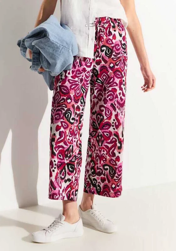 Drawstring Pants-Cecil Ornament Print Three Quarter Length Wide Trousers, Bloomy Pink