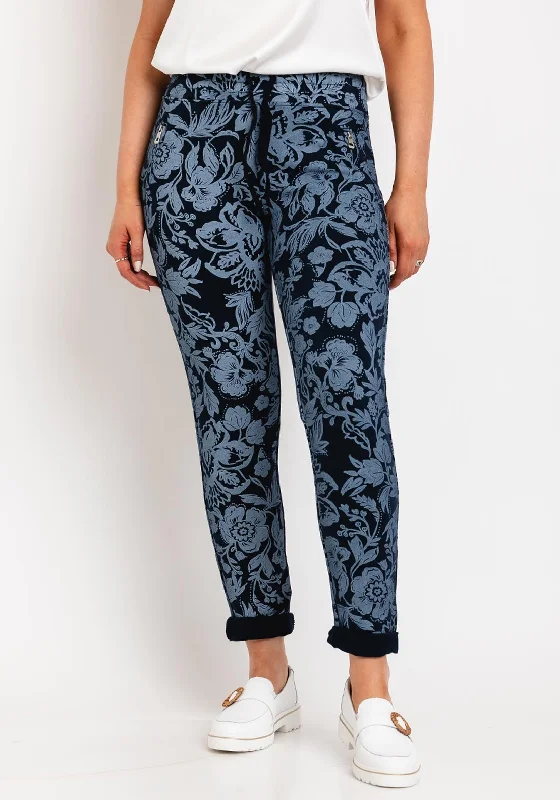 Fantasy Pants-D.E.C.K By Decollage Floral Print Slim Leg Trousers, Navy