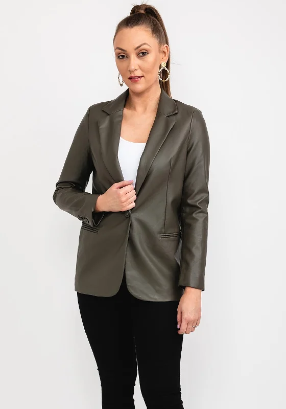 Jackets Recycled Material-Seventy1 Faux Leather Blazer, Khaki