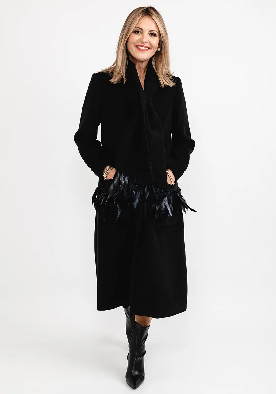 Jackets Black-Badoo Feather Trim Long Coat & Shawl, Black