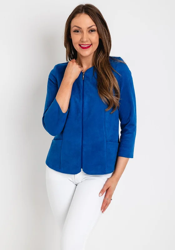 Jackets Loose Fit-Leon Collection Faux Suede Zip Front Short Jacket, Blue