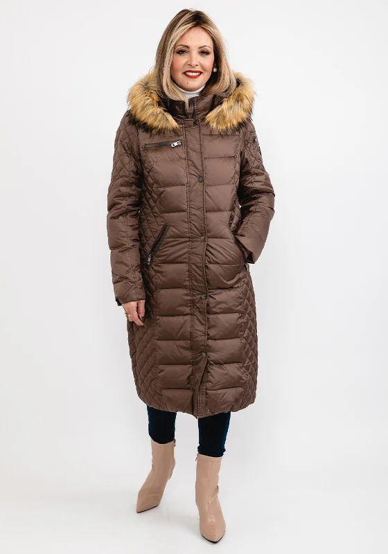 Jackets Waterproof Windbreaker-Normann Square Quilted Faux Fur Collar Long Coat, Brown