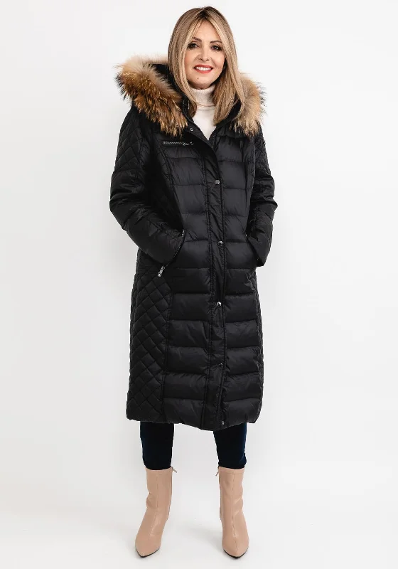 Jackets Outdoor Adventure-Normann Square Quilted Faux Fur Collar Long Coat, Black