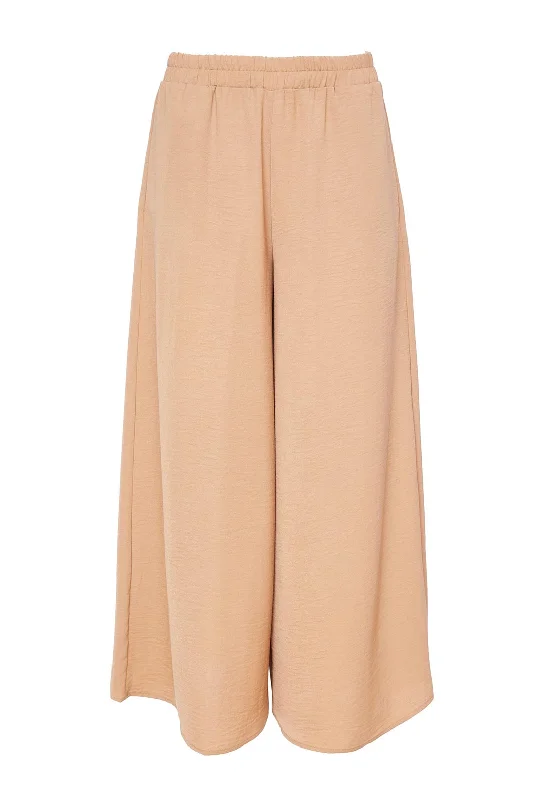 Thermal Pants-Naya Elastic Waist Wide Leg Trouser, Tan