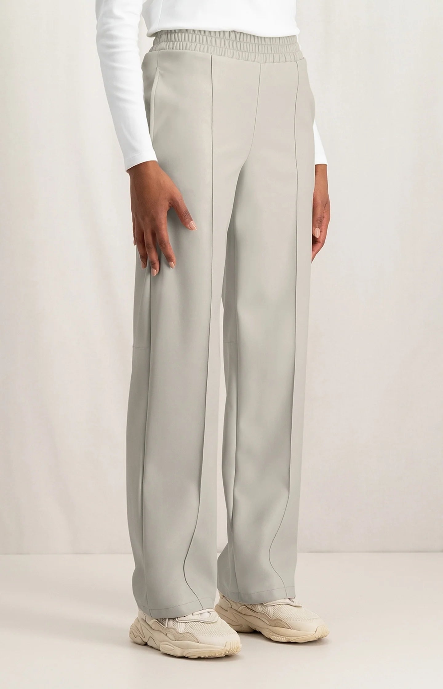 Hiking Pants-YAYA Faux Leather Wide Leg Trousers, Silver Lining Beige