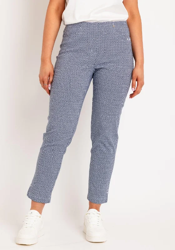 Button Closure Pants-Robell Bella 09 Pattern Ankle Grazer Trousers, Navy & White