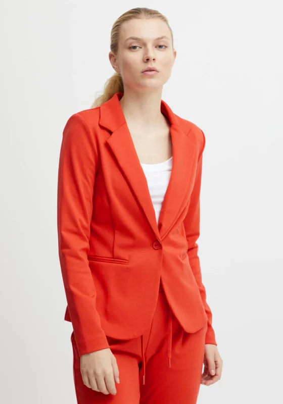 Jackets Limited Edition-Ichi Kate Jersey Single Breasted Blazer, Poppy Red