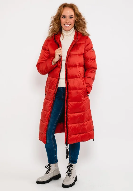 Jackets Parka-Green Goose High Shine Quilted Long Coat, Red