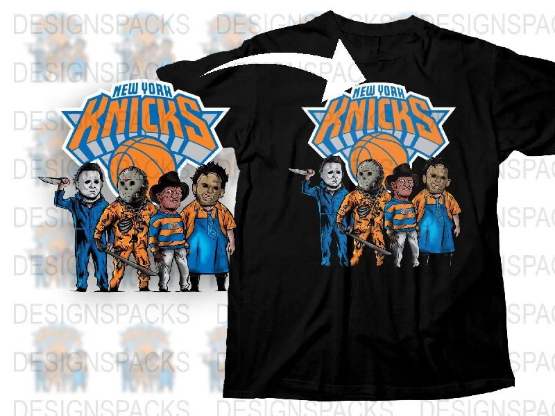 T-Shirt Crew Neck-Horror Villains New York Knicks Themed Graphic Png Digital Download