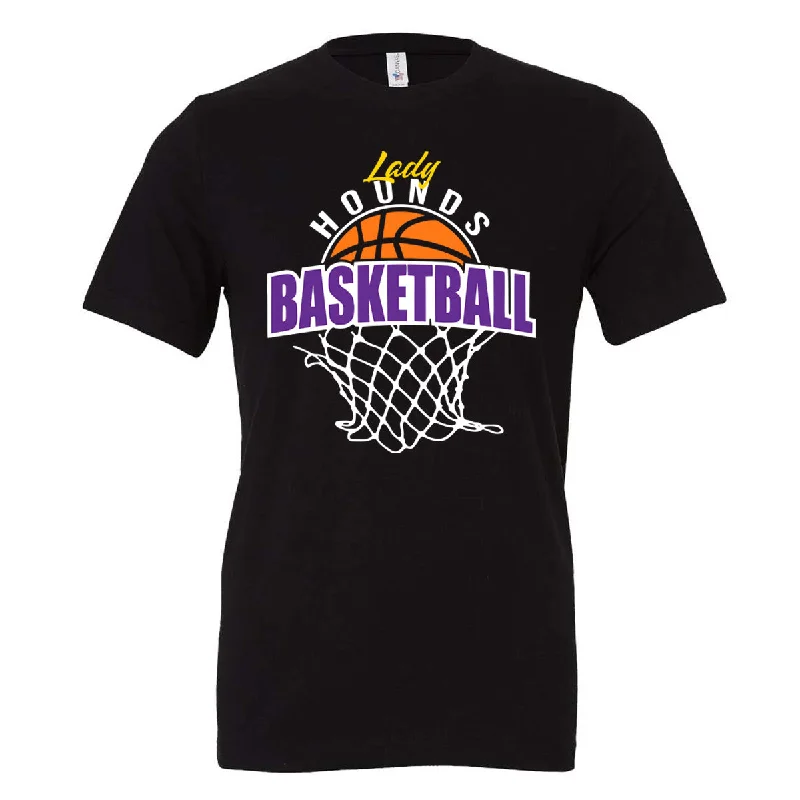 T-Shirt Bulk Order-Jones County - Lady Hounds Basketball and Basketball Net - Black (Tee/DriFit/Hoodie/Sweatshirt)