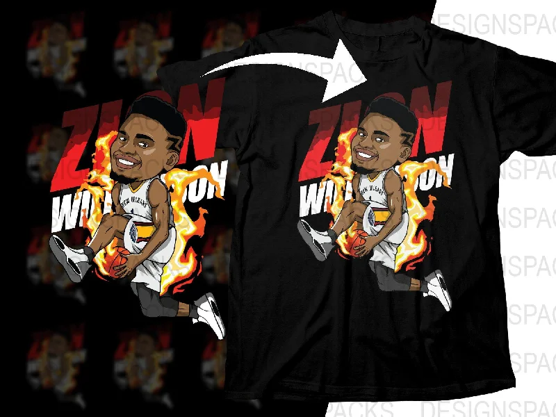 T-Shirt Golf-Zion Williamson NBA Player Cartoon With Fiery Background Png Digital Download