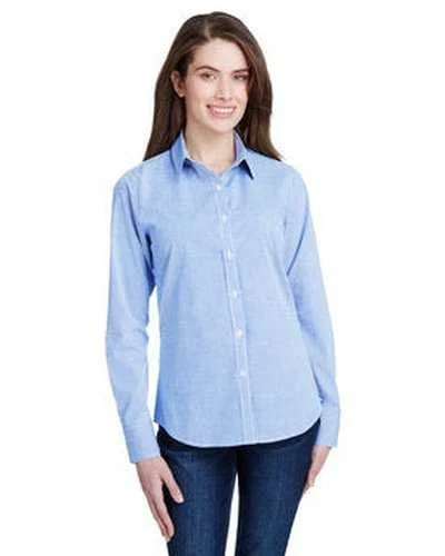 Button Down Shirts TV Show-Artisan Collection by Reprime RP320 Ladies' Microcheck Gingham Long-Sleeve Cotton Shirt - Light Blue White