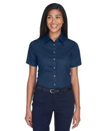 Button Down Shirts Gym-Harriton M500SW Ladies' Easy Blend Short-Sleeve Twill Shirt with Stain-Release - Navy