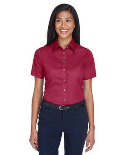 Button Down Shirts Athletic Fit-Harriton M500SW Ladies' Easy Blend Short-Sleeve Twill Shirt with Stain-Release - Wine