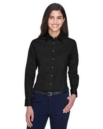 Button Down Shirts Polo Style-Harriton M500W Ladies' Easy Blend Long-Sleeve Twill Shirt with Stain-Release - Black