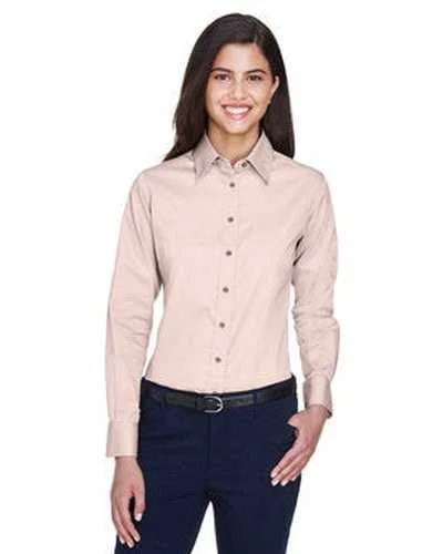 Button Down Shirts Polyester-Harriton M500W Ladies' Easy Blend Long-Sleeve Twill Shirt with Stain-Release - Bluesh