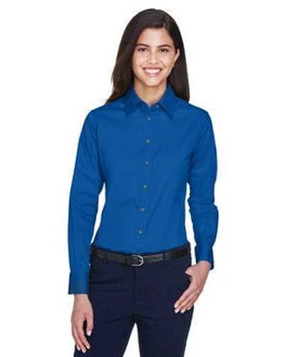 Button Down Shirts Stretch Fit-Harriton M500W Ladies' Easy Blend Long-Sleeve Twill Shirt with Stain-Release - French Blue