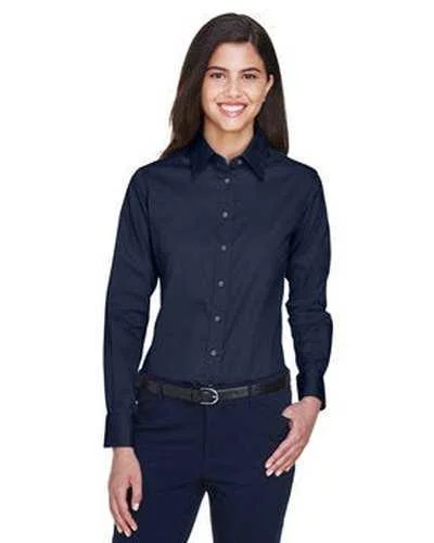 Button Down Shirts Cuban Collar-Harriton M500W Ladies' Easy Blend Long-Sleeve Twill Shirt with Stain-Release - Navy