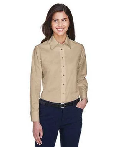 Button Down Shirts Flannel-Harriton M500W Ladies' Easy Blend Long-Sleeve Twill Shirt with Stain-Release - Stone