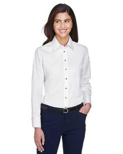 Button Down Shirts Striped-Harriton M500W Ladies' Easy Blend Long-Sleeve Twill Shirt with Stain-Release - White