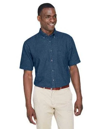 Button Down Shirts Hiking-Harriton M550S Men's 65 oz Short-Sleeve Denim Shirt - Dark Denim